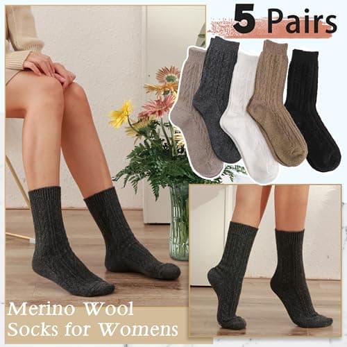 EBMORE Womens Merino Wool Thermal Socks Walking Warm Winter Thick Hiking Comfy Work Soft Boot Winter Cold Socks for Ladies 5 Pack Stocking Fillers(Khaki Series) — view 2
