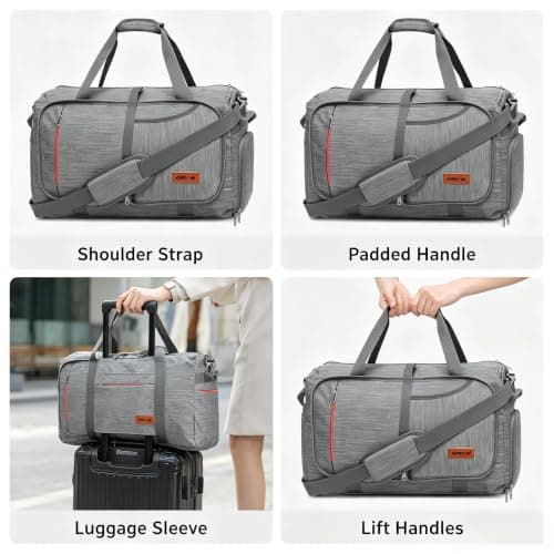 40L Foldable Duffle Bag, Water-Resistant Carry On Luggage for Travel, Airline Approved Underseat Cabin Bag & Gym Sports Bag with Shoe Compartment, Perfect Overnight, Weekend & Hospital Bag Grey — view 3