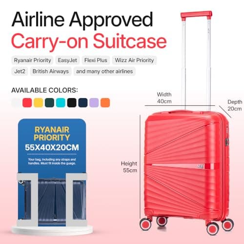 ATX Luggage 55x40x20cm Cabin Suitcase Lightweight Durable Polypropylene Small Suitcase with 4 Dual Spinner Wheels and Built-in TSA Lock (Red, 21 Inches, 44 Liters) — view 3