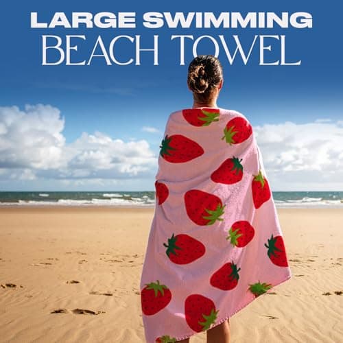 Dreamscene Kids Beach Towel Pink Strawberry, Super Soft Quick Dry Towel for Girls Boys Beach Towel Microfibre Beach Holiday Essentials Travel Towels for Summer, 71cm x 152cm — view 2