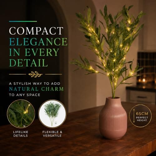Festive Lights - 3 x 65cm Decorative Olive Leaf Branch Lights (1 Pack) with 60 Warm White LEDs - Battery Powered Indoor Foliage, Green Design, Timer Function, Clear Cable, Twig Style Vase Display — view 3
