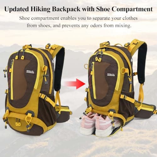 Hiking Backpack 35L,Waterproof Travel Rucksack with Shoe Compartment,Yellow — view 4
