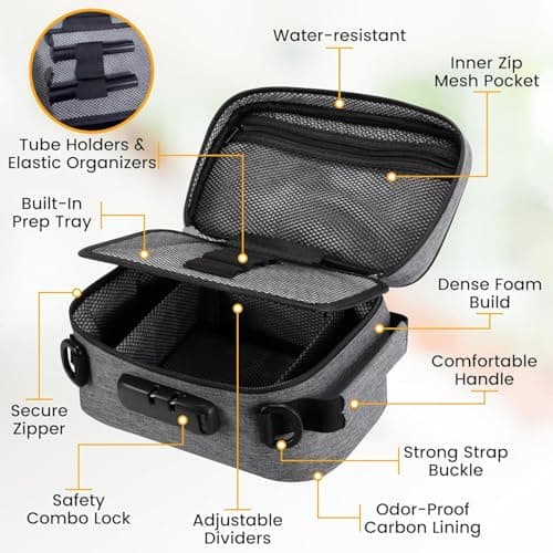 Smell Proof Bag with Lock | Odor Control Travel Organizer | Activated Carbon Smell Proof Container with Accessories | 3 Resealable Bags, 2 Airtight Storage Tubes, Tray & Glass Jar | 12-Month Warranty — view 6