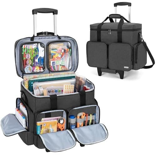 CURMIO Rolling Scrapbook Tote, Craft Bag on Wheels for Scrapbooking, Black