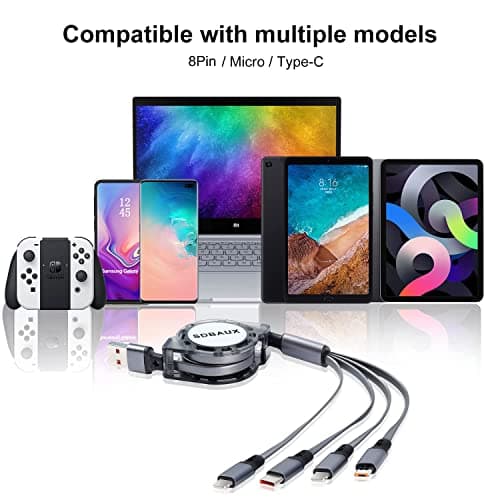 SDBAUX 4 in 1 Retractable Multi USB Charger Cable, 3A Fast Charging Cord 1M — view 4