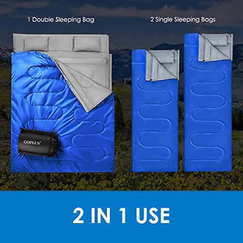 COSTWAY Double Sleeping Bag, Extra Large - 220 x 150 cm - Converts into 2 Singles, Waterproof Sleeping Bag with Free Pillows and Carrying Bag for Camping, Hiking (Blue) — view 2