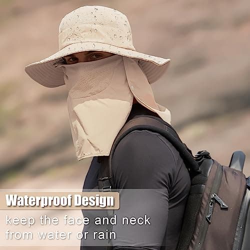 TAGVO Wide Brim Sun Hat with Detachable Neck Face Flap, Outdoor UPF 50+ Protection Fishing Hats, Camping Hiking Walking Travel Sun Bucket Hats Cap Foldable Sun Caps with Adjustable Chin Strap Beige — view 6