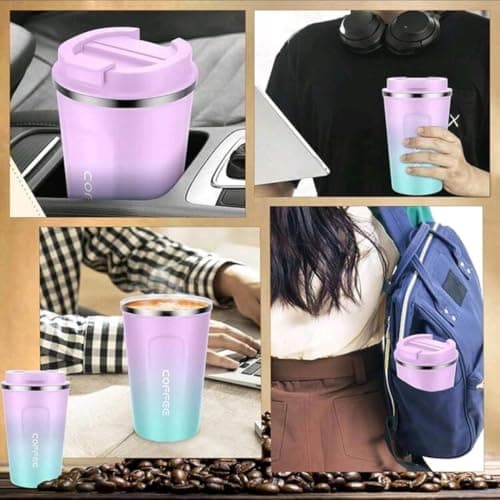 Insulated Travel Coffee Cup with Lid, Stainless Steel Band Travel Coffee Mugs Leak-Proof, Reusable Coffee Tea tumblers, Thermal Insulation Cups for Men Women hot & Cold Drinks (Purple-Mint) — view 3