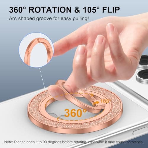 Magnetic Phone Ring for Magsafe Grip Stand, 360° Rotating Finger Loop Kickstand Magnet Cellphone Grip Holder Compatible with Mag Safe Car Mount iPhone 17 Air 16 Pro 15 14 13 14, Glitter Rose Gold — view 3