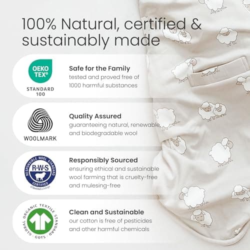Woolino Ultimate 4 Season Baby Sleeping Bag - Merino Wool Baby Sleep Sack, Organic Cotton Outer, Temperature Regulating Year Round Wearable Blanket, Adjustable Universal Size 2-24 Months - Sheep — view 4