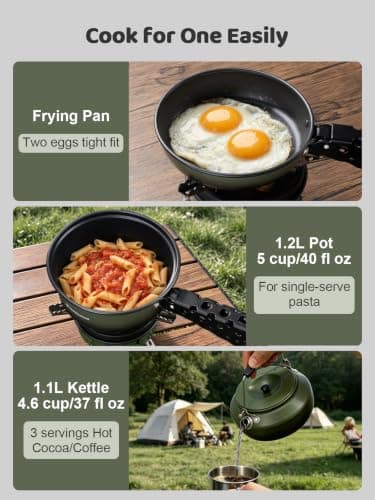 Odoland 5pcs Camping Cookware Mess Kit, Non-Stick Lightweight Pot Pan Kettle Set with a removable handle - Perfect for Backpacking, Camping, Hiking, and Picnic Green — view 6
