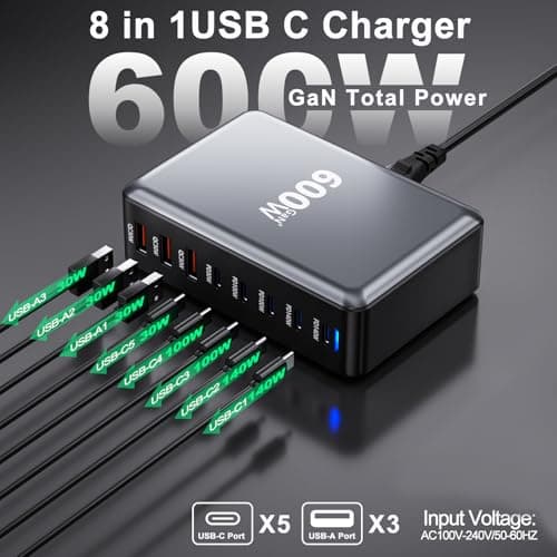 USB C Charging Station 600W GaN, 8-port Multiple ports USB C Fast Charger Hub with 5 USB-C + 3 USB-A, PD140W power supply Multi Charger compatible with laptop/MacBook/iPhone 15/16/Galaxy S24/S25 — view 3