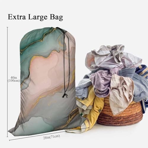 Swono Gold Abstract Marble Laundry Bag with Drawstring Straps, Heavy Duty Extra Large Laundry Bags for Laundromat and Household, Alcohol Ink Splash Liquid Washable Dirty Clothes Organizer, Easy Fits — view 3
