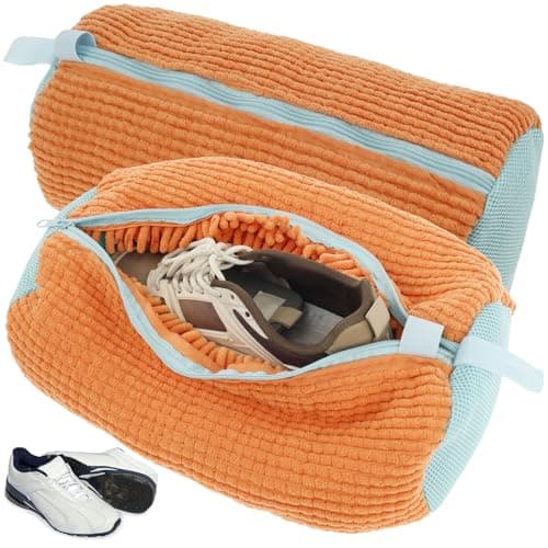 2Pcs Shoe Washing Machine Bag, Shoe Cleaning Bag with Zipper & Hook, Reusable Shoe Laundry Bag, Trainer Washing Machine Bag for Sneakers Canvas Tennis Running Shoes 39x19cm(Orange)