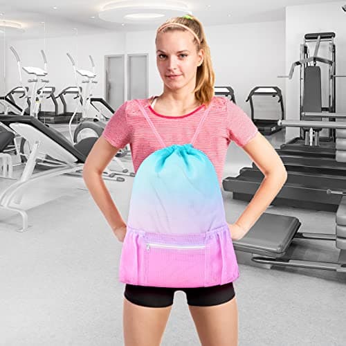 Mesh Drawstring Bag with Zipper Pocket, Beach Bag for Swimming Gear Backpack Gym Storage Bag for Adult Kids Pink Blue — view 2