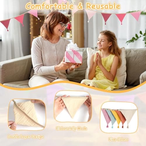 Alaoo Fabric Bunting Banner, 2.6M Triangle Garland Flags with Tassels, Double Sided Colorful Cotton Bunting for Birthday, Wedding, Indoor Activity Party Festivals Decoration (Brownish Yellow) — view 3
