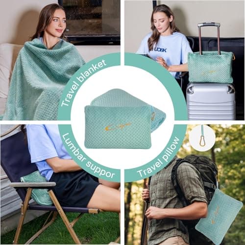 Compact Travel Blanket for Airplane, Premium Soft 2-in-1 Blanket with Pillowcase and Carry Bag, Lightweight Travel Essentials with Luggage Sleeve and Backpack Clip, Mint Green — view 3