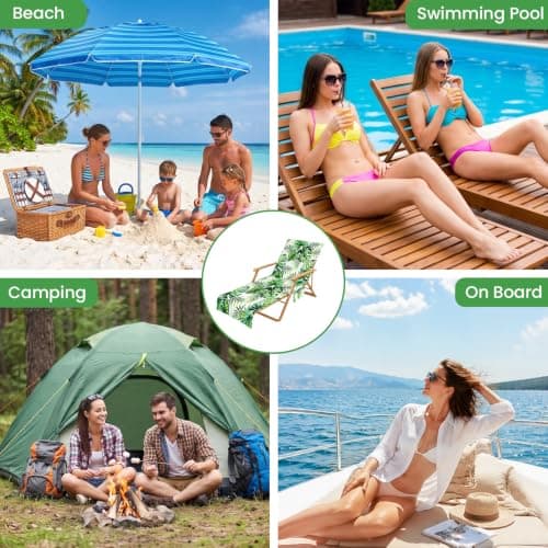 Minicoco Beach Towel with Pockets，Sand Free Sun Lounger Towel with Bag, Lightweight Sports Towel, Compact Travel Beach Towel for Summer Outdoor Pool Vacation, 215×75cm, Green Leaf Print — view 4