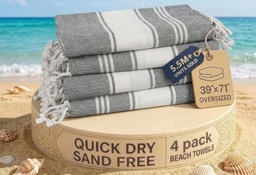 LANE LINEN Beach Towels 4 Pack Oversized - Cotton Rich Turkish Towel Set, Pre-Washed Oversized Beach Towel, Quick Dry Beach Towels For Travel, Large Pool Towels, 39"x71" - Smoky Black