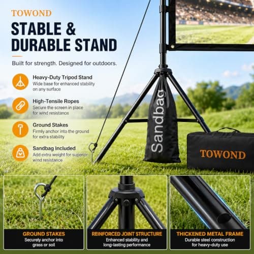 TOWOND Projector Screen and Stand, 120 inch Portable Projection Screen Indoor Outdoor Projector Screen 16:9 4K HD Wrinkle-Free Lightweight Movie Screen with Carry Bag for Backyard Movie Night — view 4