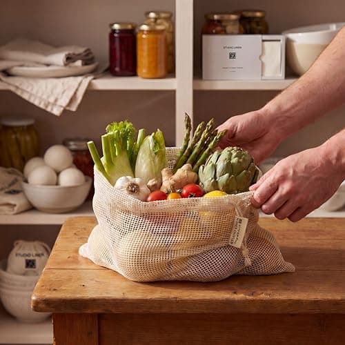 Studio Linen Reusable Produce Bags — Organic Cotton Mesh Bags for Fruit and Vegetables, Washable Drawstring Storage Bags, Set of 2 — view 5