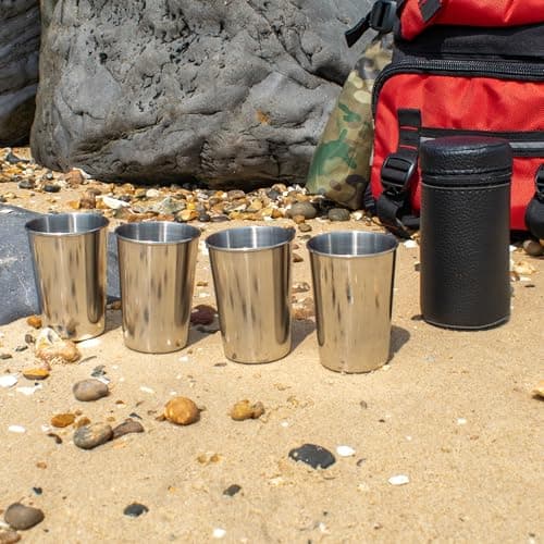TRIXES 4 Pcs 175ml Compact Travel Stainless Steel Tumbler Glasses with PU Leather Pouch - Camping Travel Cup Mug Coffee Tea Drinking Portable Cups — view 2