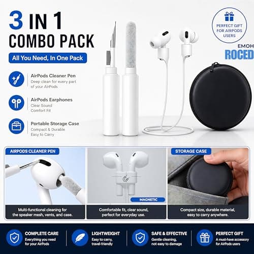 AirPods Accessories Kit 3-in-1 Bundle – Earbud Cleaning Pen, Magnetic Anti-Lost Silicone Strap & Hard Travel Carrying Case for Apple AirPods, Earbuds, Bluetooth Headphones & Wireless Earphones — view 3
