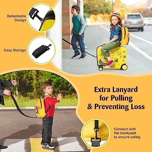 Maxmass 2 PCS Kids Luggage Set, 12" & 18" Children Ride on Suitcase and Backpack with Adjustable Handle, Anti-Lose Rope, Girls Boys Hard Shell Trolley Case for School Travel (Yellow Bee) — view 5