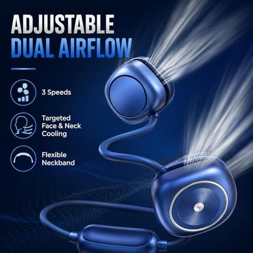 LUCYLANKER Foldable Neck Fan, Portable Neck Fan Rechargeable, Bladeless Quiet 360° Adjustable Personal Fan, 3 Speeds Hands Free Wearable Fan for Travel, Walking, Camping, Office, Navy Blue — view 3