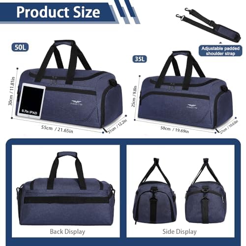 FIORETTO 35L Mens Sports Gym Bag with Wet Pocket & Shoe Compartment,Travel Duffle Bag Overnight Bag with Padded Shoulder Strap, Water-Resistant Sports Holdall for Swimming, Basketball Dark Blue — view 5