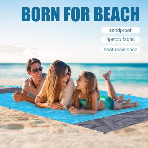 DSLIHA Beach Mat Picnic Blanket Outdoor, Large Waterproof Sandproof Portable Picnic Beach blanket with 4 Fixed Nails, Reinforced Edging for Beach, Camping, Hiking, Grass and Trips (Blue) — view 2