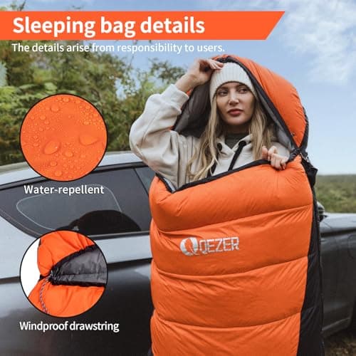 QEZER Down Sleeping Bag,Lightweight Rectangular Winter Sleeping Bag [1180g/1860g] for Adults and Kids 4 Season Camping, Hiking,Warehouse and Moutaineering Outdoor (Orange, 500g down) — view 6