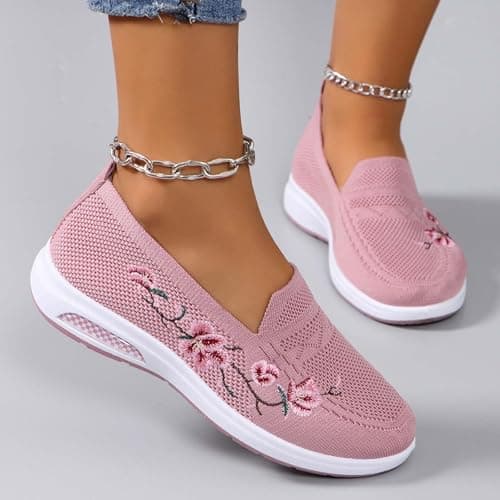 Slip On Shoes Women Embroidered Orthopedic Walking Shoes Breathable Mesh Sneakers Slip-On Lightweight Work Mom Shoe,for Outdoor Walking Traveling Hiking Size 3-11 Pink — view 2