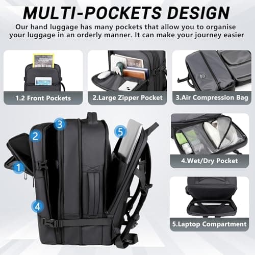 Vacuum Backpack Travel Bag with Pump, Easyjet Cabin Bag 45x36x20 Large Hand Luggage, 50L Black Backpacks with Laptop Compartment, Personalised Carry On Bag for Women Men Air Compression Backpack — view 2