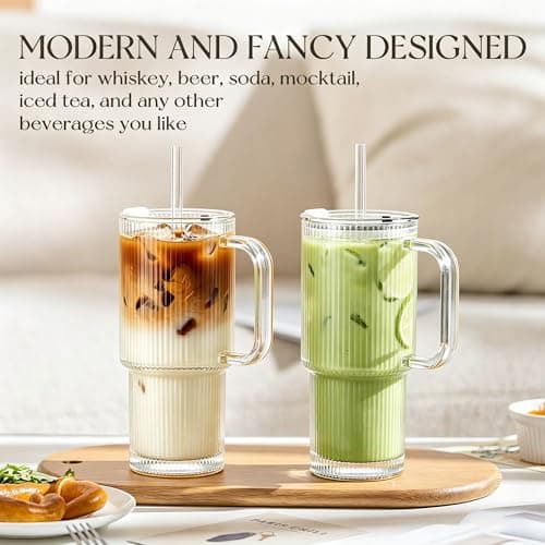 KEMORELA 768ml Ribbed Glass Tumbler with Handle, Leakproof Lid & Straw, 26oz Large Iced Coffee Glass Cup with Straw Brush, Reusable Glass for Smoothies, Matcha & Juice, Car Cup Holder Friendly — view 4