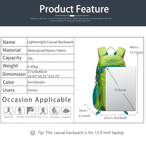 POWER KING Lightweight Hiking Backpack with Rainproof Cover 20L Foldable Travel Rucksack Bag for Women Men Outdoor Casual Daypack for Student, Fit for 14 inch Laptop (Grass Green, 20L) — view 2