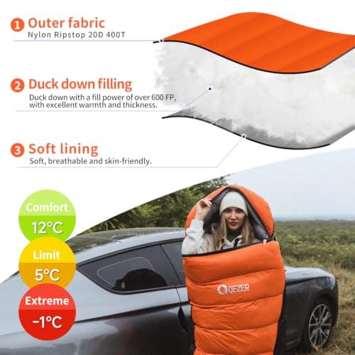 QEZER Down Sleeping Bag,Lightweight Rectangular Winter Sleeping Bag [1180g/1860g] for Adults and Kids 4 Season Camping, Hiking,Warehouse and Moutaineering Outdoor (Orange, 500g down) — view 3