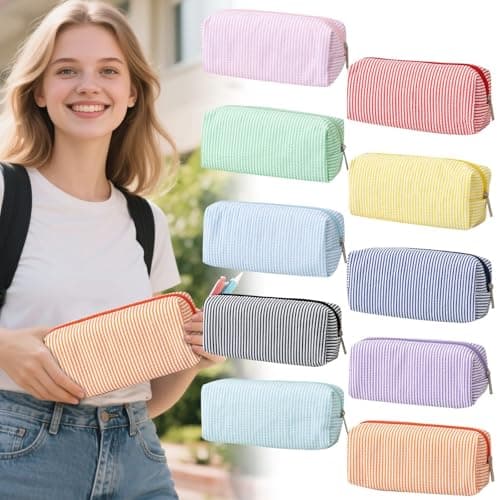 Pencil Case for Girls, Seersucker Striped Pen Bag Aesthetic Cute Stationery Pouch Large Capacity Multifunctional Design for Travel Storage — view 6