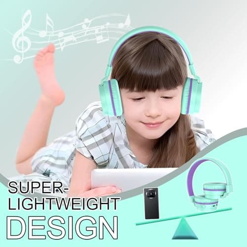 Kids Bluetooth Headphones,Lightweight Kids Headphones Wireless,85/94dB Safe Volume,40H Playtime,Fast Charging,Bluetooth 5.3,Over Ear,Toddler Headphone Built-in Mic for School/Tablet/Travel (Green) — view 5