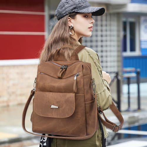 PU Leather Anti-Theft Backpack for Women - High Capacity Waterproof Rucksack, Fashion Handbag, School Bag, Retro Ladies Daypack for Work and Travel (Brown) — view 6