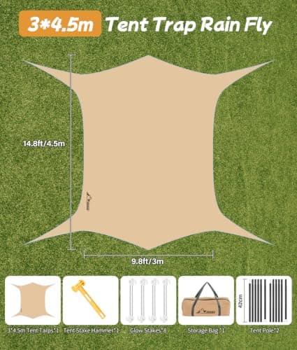 WADEO Camping Tarp Shelter with Poles, Waterproof Heavy Duty Bushcraft Tarp, Rain Fly Hammock Cover, Outdoor Shelter for Camping, Hiking, Festival (New Khaki - 3x4.5m) — view 4