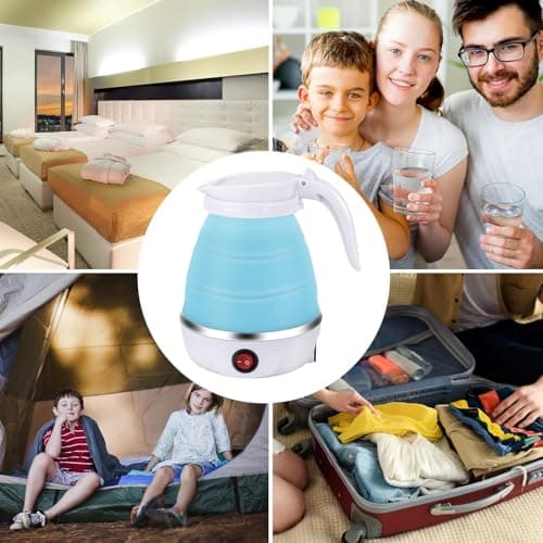 Foldable Electric Travel Kettle,600ml Portable Kettle Silicone Collapsible Heating Water Boiler Tea Pot for Camping,Easy for Storage with Separable Power Cord (Blue) — view 6