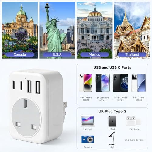UK to US Plug Adaptor,UK to USA & Worldwide Travel Adaptor, 5-in-1 US Plug Adapter with 3 USB and 1 USB-C Port (17W Fast Charger), for USA, Canada, Thailand, Mexico, Colombia – Type B — view 5