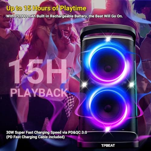 TPBEAT Portable Bluetooth Party Speaker, 160W Peak Powerful Loud Sound Deep Bass Wireless Speaker Large Subwoofer Fast Charging with Led Light Show for Outdoor Home Party Camping — view 5
