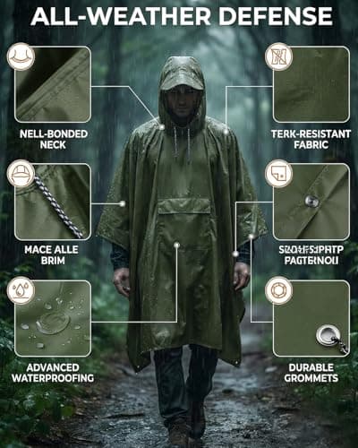 Victoper Waterproof Poncho Adult, Lightweight Reusable Rain Poncho Adult Waterproof for Outdoor Hiking Camping Cycling Traveling Waterproof Raincoat with Emergency Grommet Corners Army Green — view 6