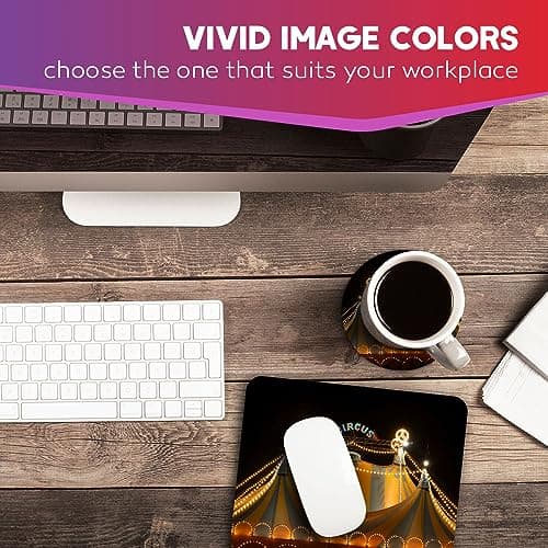 1x Mouse Mat & 1x Round Wooden Cork Coaster Circus Tent Lights Festival Matching Set of Mouse Pad & Placemat for Coffee Tea Drinks Kitchen #50534 — view 4