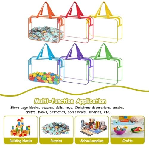 6 Pcs Toy Storage Bags with Handles 11.8x8.7x3.9 Inch-Clear PVC Organizing Bags with Zipper Reusable Waterproof Toy Container-Travel Case Pouch for Building Blocks Puzzle (6 Colors) — view 3