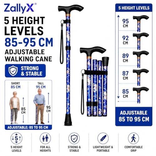 ZallyX Foldable Walking Sticks for Men & Women, 85–95cm Adjustable Ladies Walking Stick, Mobility aids, Collapsible walking stick For Elderly Adults (Blue Flower) — view 6