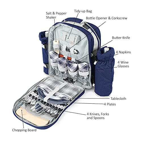 Greenfield Collection 4 Person Cooler Bag Picnic Set Rucksack; Lightweight Picnic Backpack Hamper; Includes Cutlery Set; Perfect Waterproof Coolbag Backpack for Camping/BBQ/Hiking - Blue — view 6