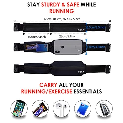 Eono Water Resistant Running Belt with Adjustable Elastic Strap, Large Capacity Running Waist Pack for Workouts, Exercise, Cycling, Walking, Travel & Outdoor Activities (Black) — view 5